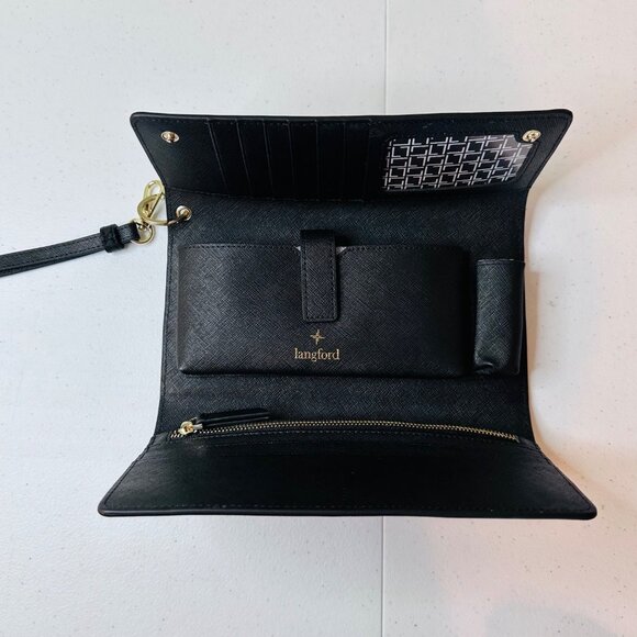 Langford Saint Jasmine Saffiano Black Wristlet Tri-fold Wallet With Gold Accents - Picture 9 of 15